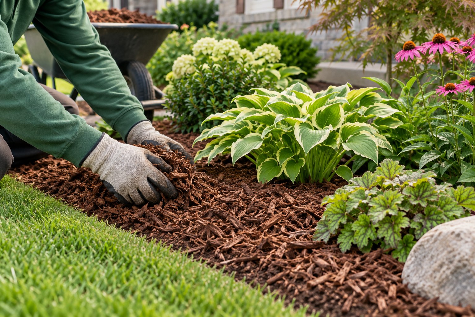 Illustration of gloved hands tending a perennial garden bed