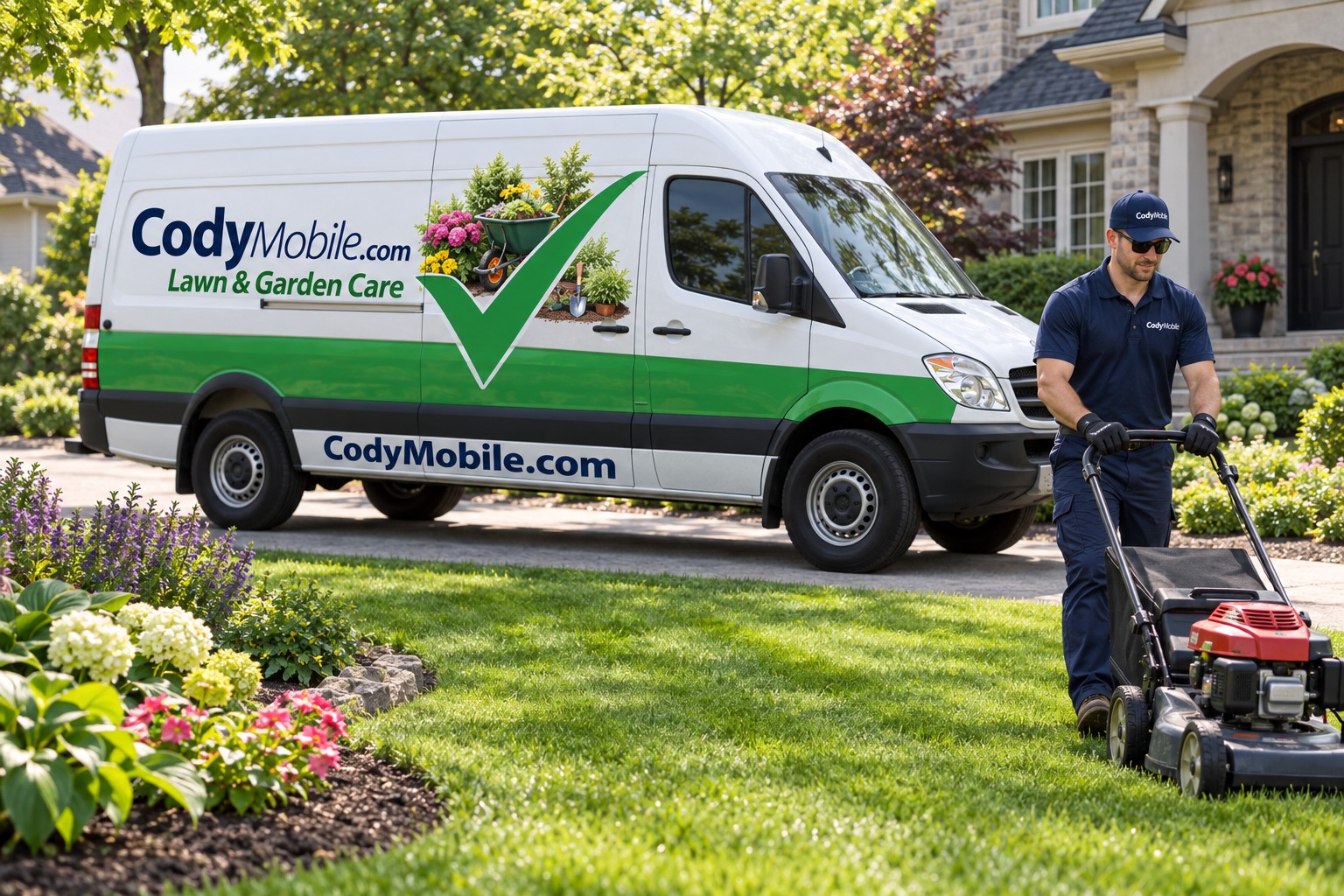 Cody Mobile Lawn & garden care branded van at work